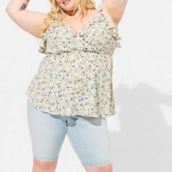 Torrid Yellow & Blue Peplum Georgette Ruffle Surplice Tank Top. - Picture 2 of 5